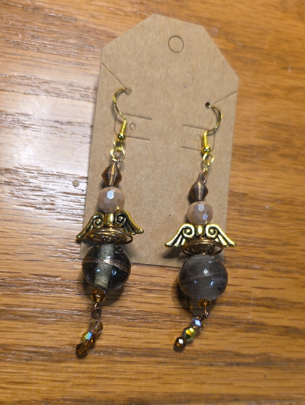 Handcrafted Gold Copper Tone Angel Wing Bead Drop Earrings - Gray and Beige